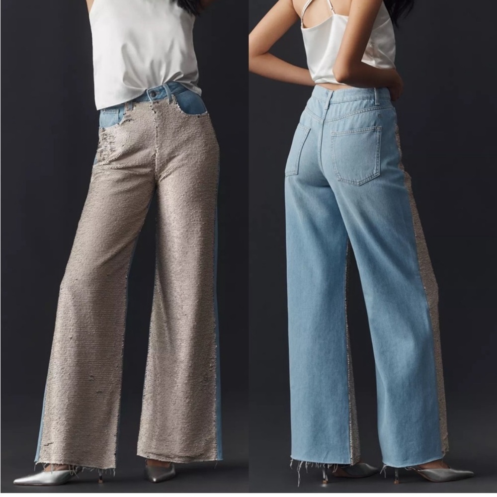 Pilcro anthropologie Wide-Leg Jeans in Light Blue and Beige sequinned Panels 30